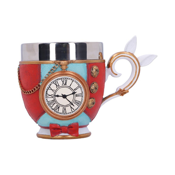 Tasse Lapin Blanc Alice au Pays des Merveilles avec montre à gousset en relief, rouge et bleu ciel