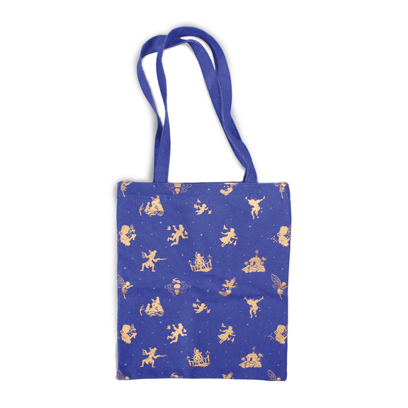 Tote bag Peter Pan bleu nuit étoilé avec silhouettes dorées et citation Neverland