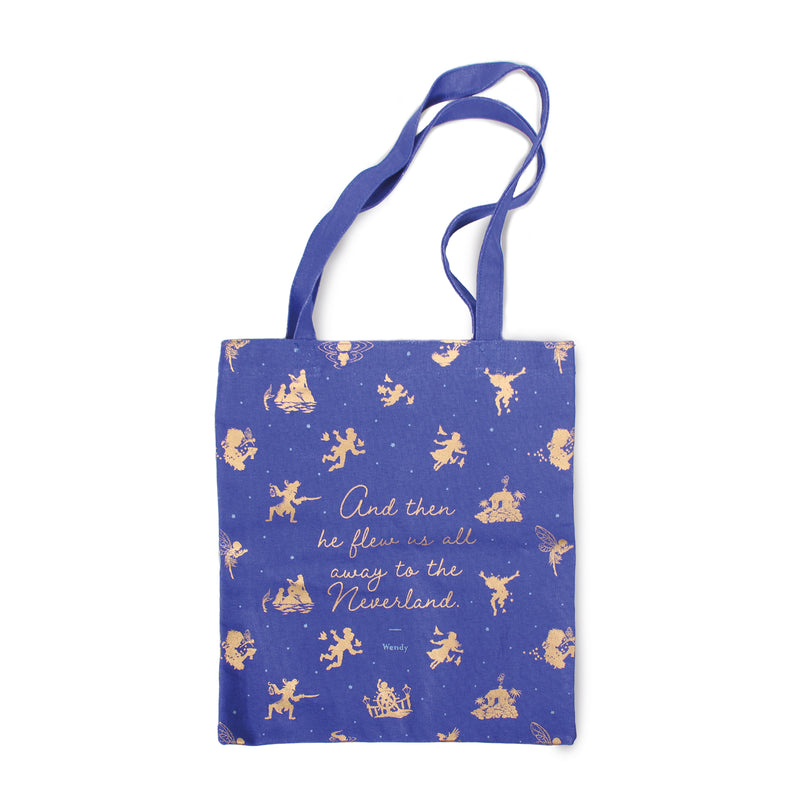 Tote bag Peter Pan bleu nuit étoilé avec silhouettes dorées et citation Neverland