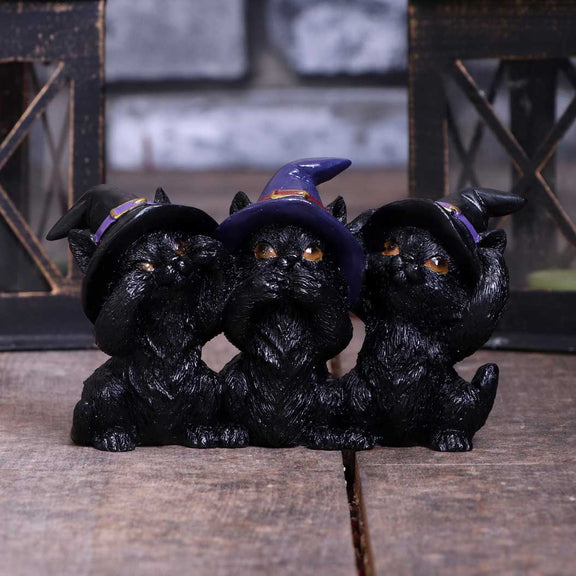 Trio de figurines chats sorciers sages Nemesis Now en résine, chapeaux pointus, Halloween