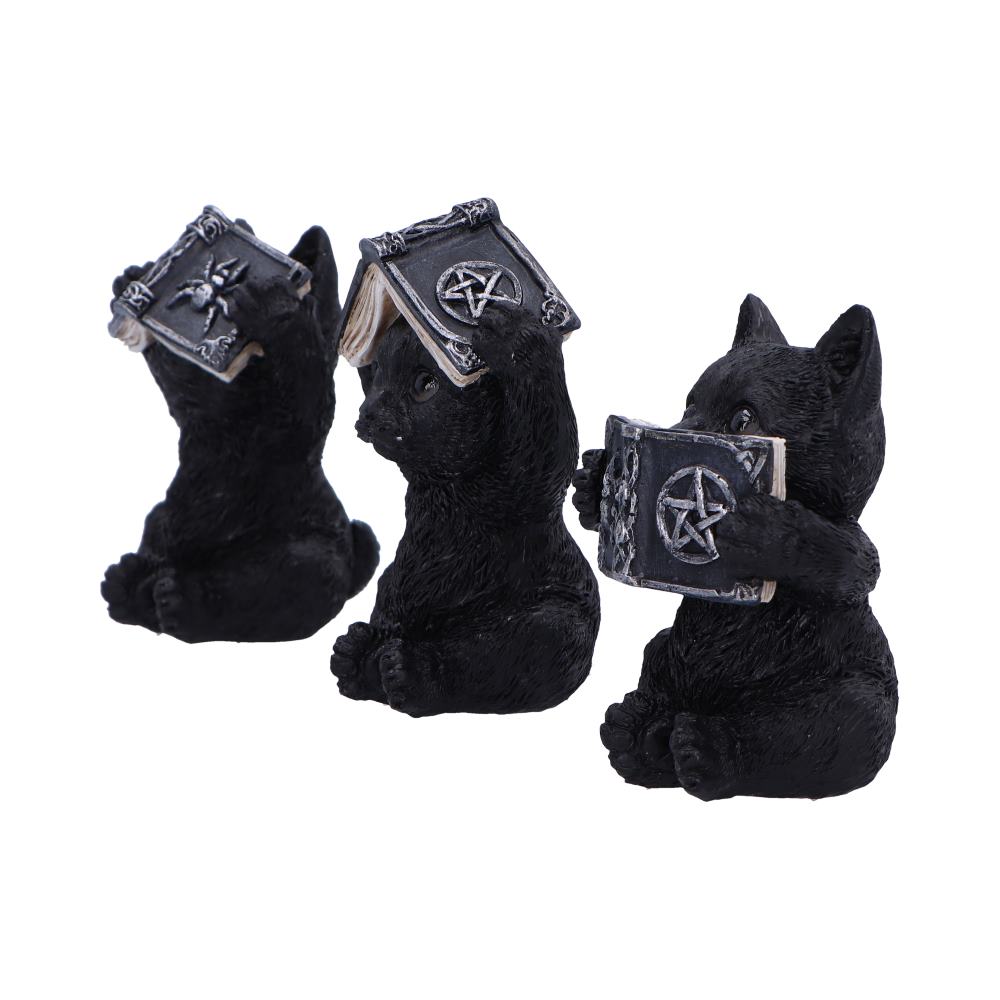 Trio de figurines chats occultes sages tenant des grimoires mystiques gravés de pentacles