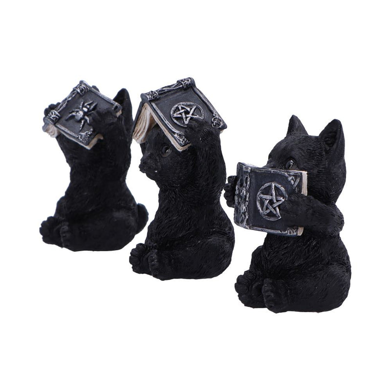 Trio de figurines chats occultes sages tenant des grimoires mystiques gravés de pentacles