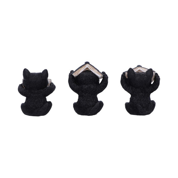 Trio de figurines chats occultes sages tenant des grimoires mystiques gravés de pentacles