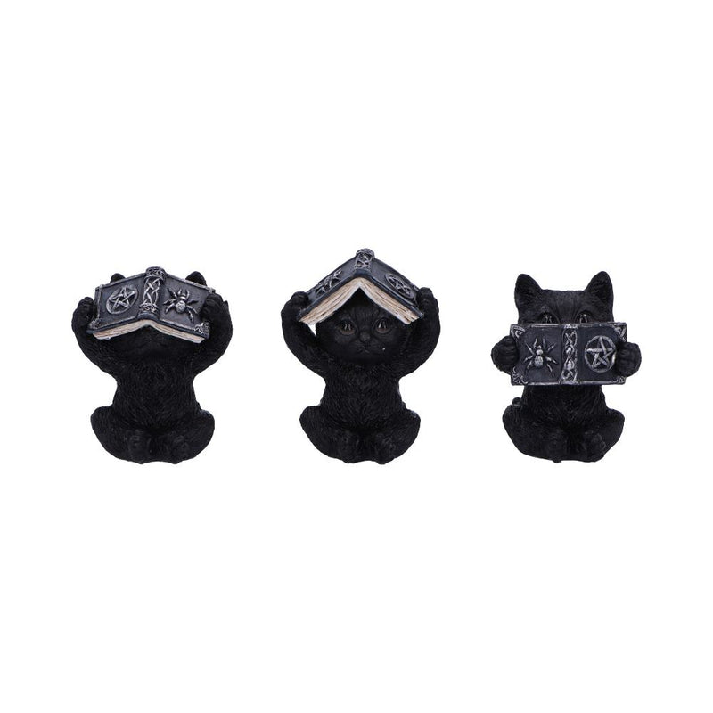 Trio de figurines chats occultes sages tenant des grimoires mystiques gravés de pentacles