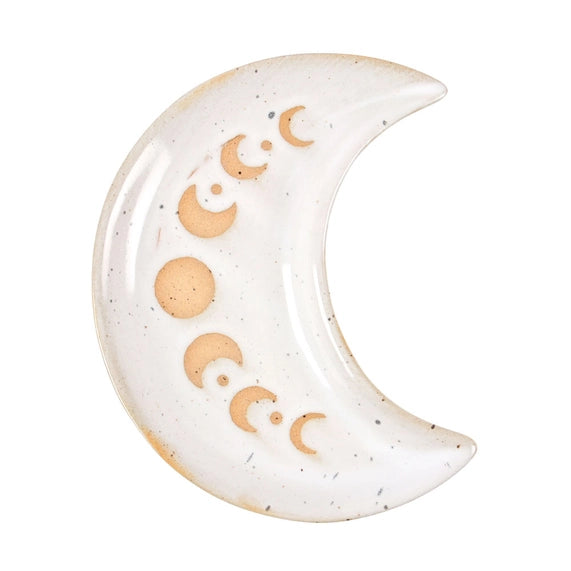 Vide-poche croissant de lune en céramique blanche mouchetée avec phases lunaires