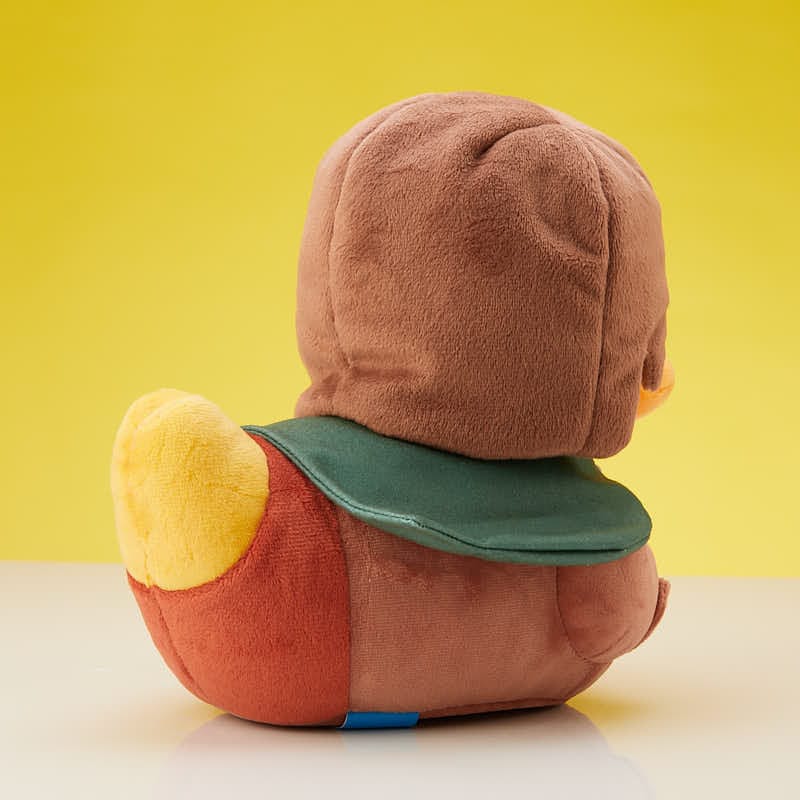 Peluche canard Frodon 20 cm Le Seigneur des Anneaux avec cape verte, tenue brune et détails brodés