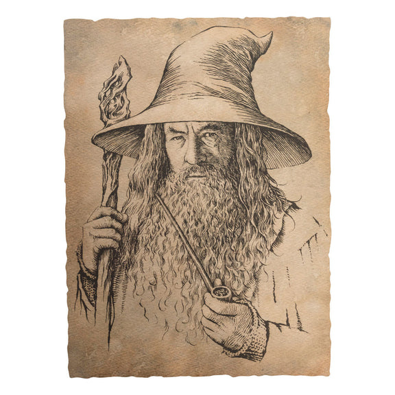 Impression d'art Wētā Workshop représentant Gandalf le Gris avec chapeau, bâton et pipe