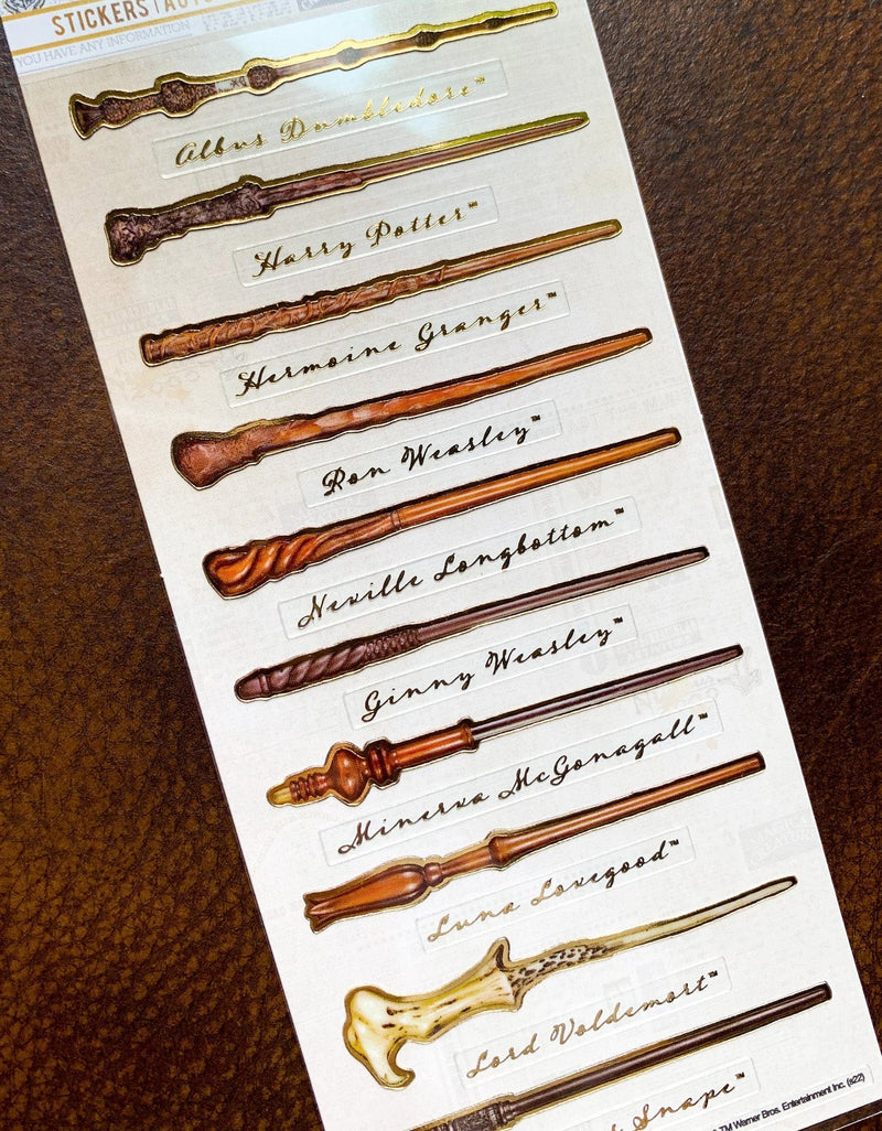 Planche de 20 stickers Harry Potter, baguettes magiques nommées de Dumbledore, Hermione et Voldemort